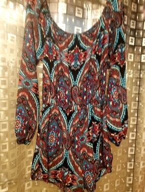 Boho Paisley Off-Shoulder romper All Over Suit in Black, Red & Teal